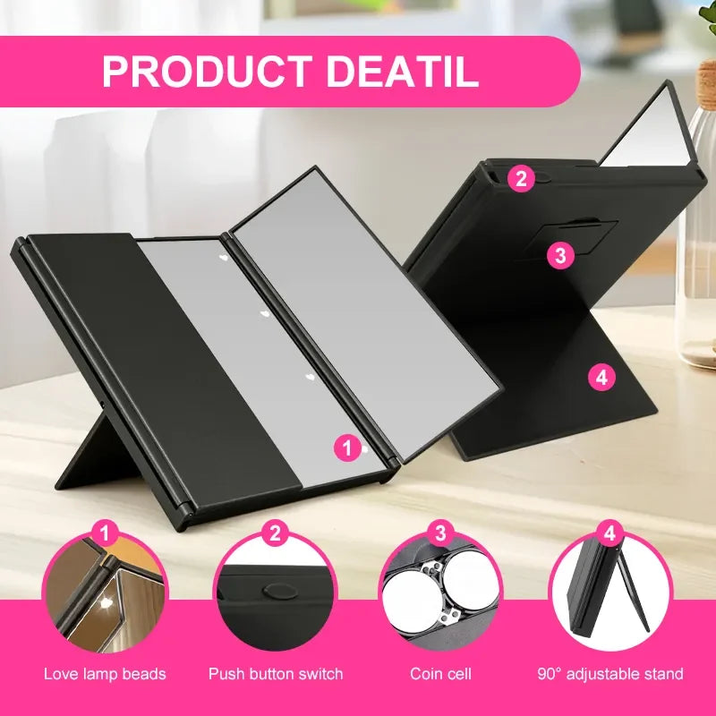 Get the Perfect Look Anywhere with the Portable Three-Sided LED Makeup Mirror - Ideal for Travel and Touch-Ups!