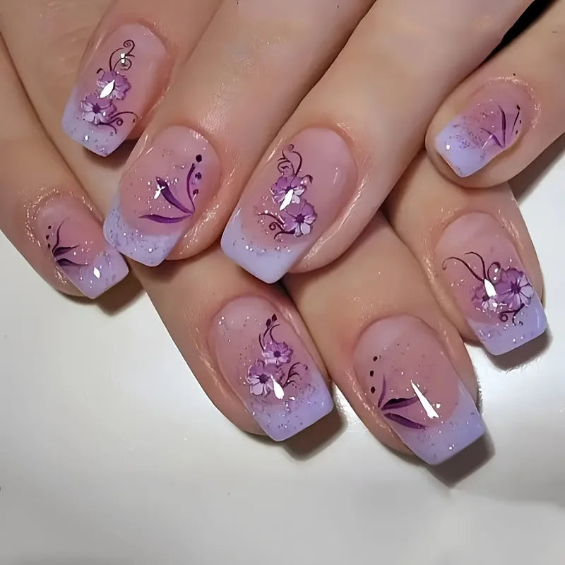 24pcs Sweet Cool False Nails Gradient French Fake Nail Tips with Purple Flowers Design Short Square Press on Nails Colorful Nail