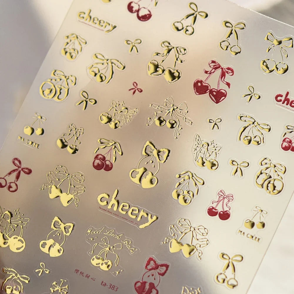 Cute Juicy Red Cherry Bowknot 5D Nail Art Stickers Lovely Shiny Crystal Rhinestone Self Adhesive Decoration Manicure Decal DIY