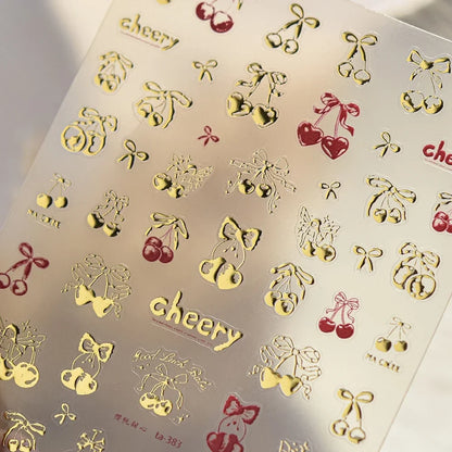 Cute Juicy Red Cherry Bowknot 5D Nail Art Stickers Lovely Shiny Crystal Rhinestone Self Adhesive Decoration Manicure Decal DIY