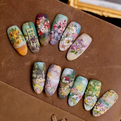 24pcs Flower Print Press on Nails Wine Red Blush Almond False Nail Tips Wearable Reusable Summer Spicy Girl Fake Nails