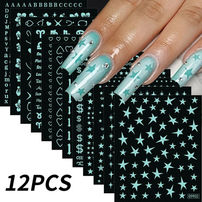 12pcs Bronzing Laser Star Nail Stickers 3D Alphabet/Heart/Flower Nail Art Self-Adhesive Sliders DIY Gradient Manicure Y2K Decals