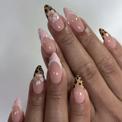 3D Bowknot Pearl Wearable Nail Art Fashion Leopard French Nude Almond Fake Nails Detachable Finished False Nails Press on Nails