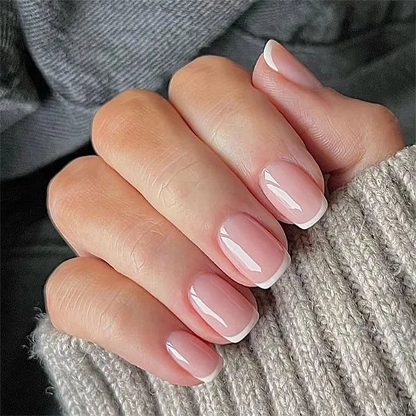 24Pcs Simple Square Head Fake Nail with Jelly Glue Pink White Gradient French Press on False Nails Short Full Cover Nail Tips