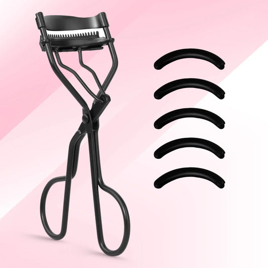 1 portable eyelash curler with 5 silicone pads, stainless steel eyelash curler, permanently shaping big eyes.