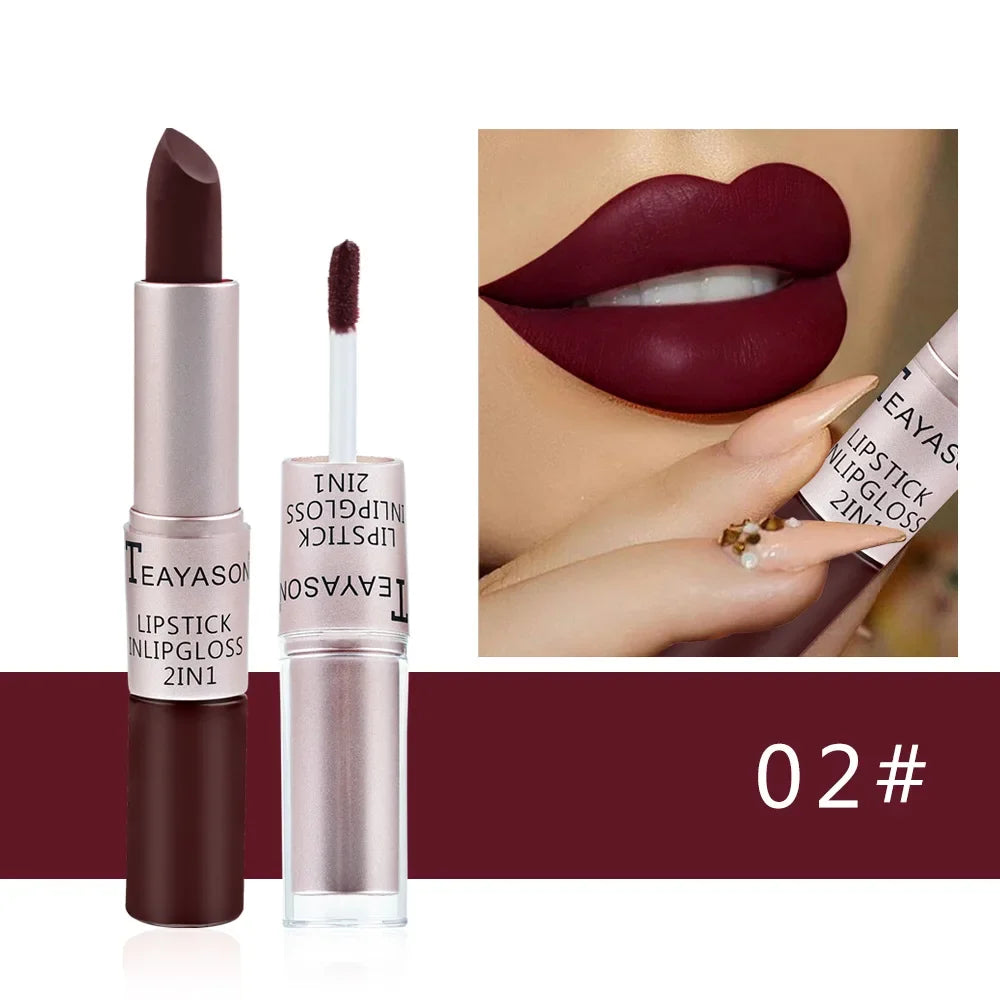 1Pc Long Lasting Velvet Matte Lipstick Double Head Lip Gloss Non-stick Cup Lip Gloss Waterproof 2 in 1 Matte Red Lipstick Makeup