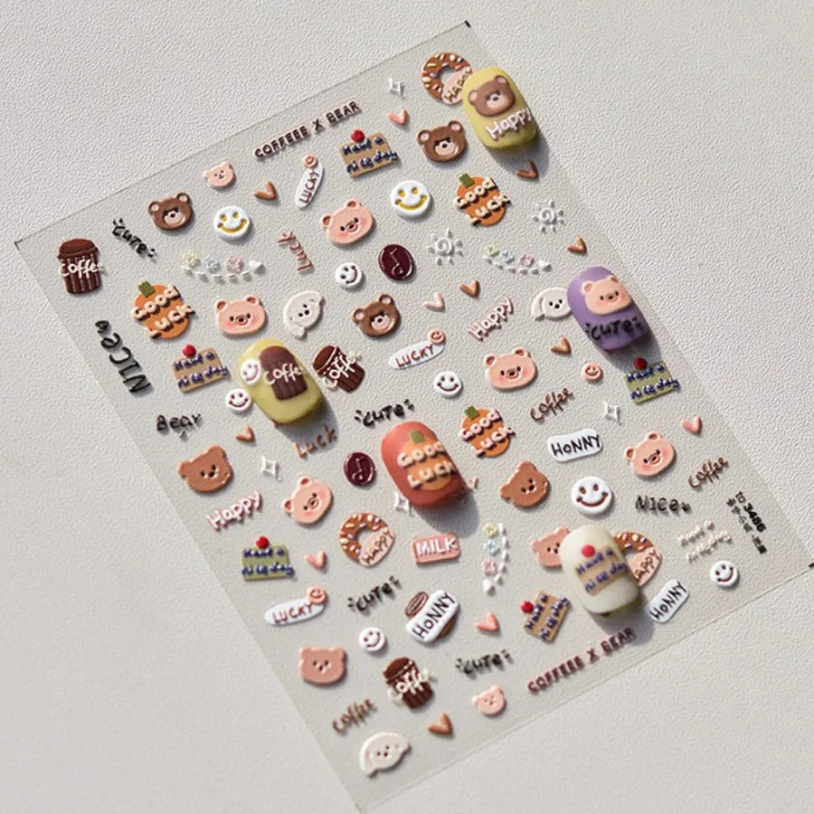 1pcs 5D Japanese Kawaii Bear Nail Art Stickers Brown Cartoon Animals Self-Adhesive Nail Decoration Decals DIY Slider Accessories