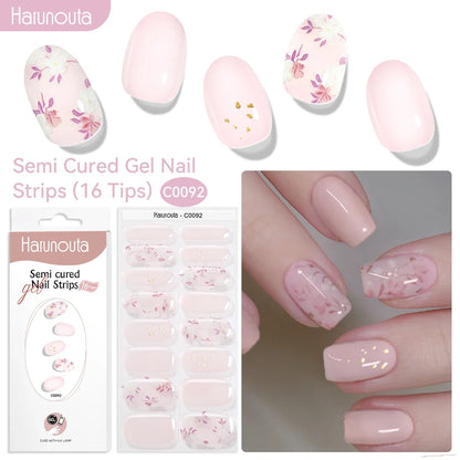 Harunouta 16strips Gradient Red Marble Gold Line Semi Cured Gel Nail Strips DIY Gel Polish Stickers for Nails Work with UV/LED