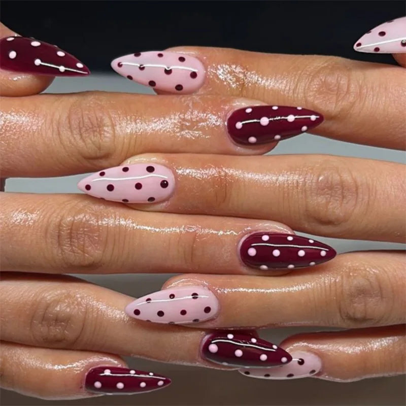 24PCS Wine Red Almond Press on Nails Cartoon Rabbit Bowknot with Plaid Pearl Designs French Fake Nails for Girls Detachable Nail