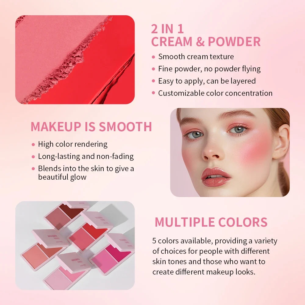 Cream & Powder Blush Matte 5Colors Dewy Rosy Blush Makeup Pan Long-lasting Wearing High Pigment Natural Matte Blush Cosmtics