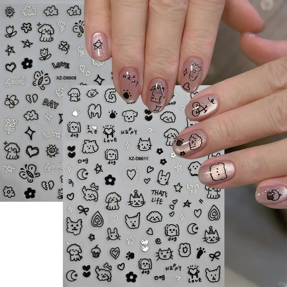 12pcs/set Cute Cartoon Dog/Cat Nail Art Stickers 3D Graffiti Black Cat Dog  Nail Decals 8*10cm Self-Adhesive Cartoon Nail Art Su