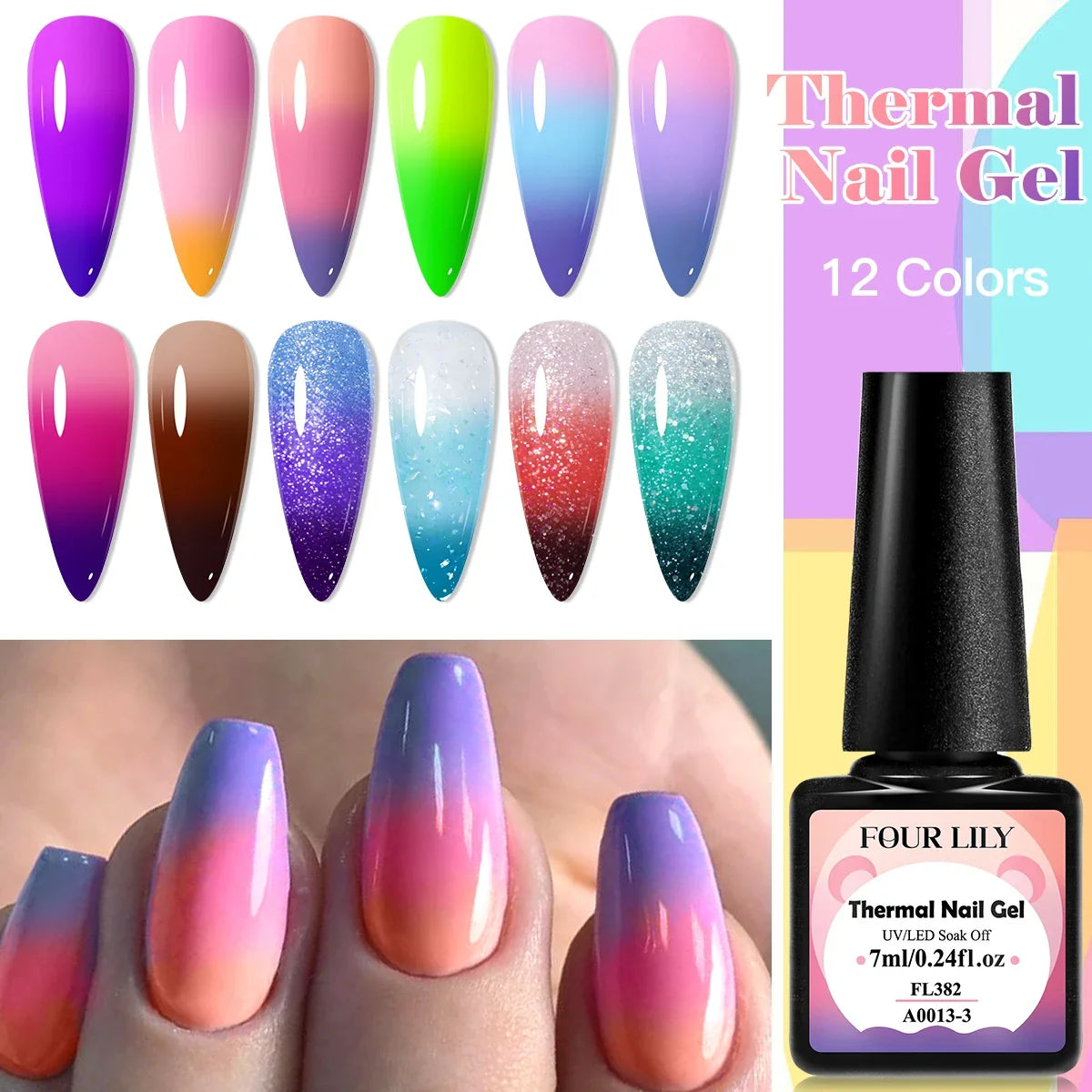 FOUR LILY 7ml Thermal Nail Gel Polish 3 Colors Changing Semi Permanent Soak Off UV/LED Nail Supplies Gel for Manicure Design