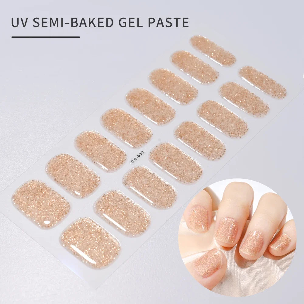 16Tips Glitter Semi-Cured Gel UV Sticker 3D French Gradient Shiny Glitter Powder UV Gel Sticker Full Cover UV Lamp Glitter Decal