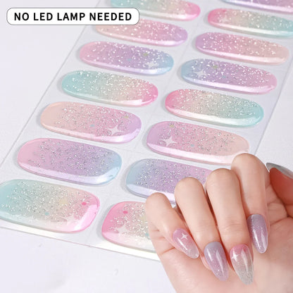 16Tips Gradient Starry Sky Gel Nail Strips Full Cover Sparkling Glitter Baking-Free Gel Nail Stickers DIY Manicure Decoration