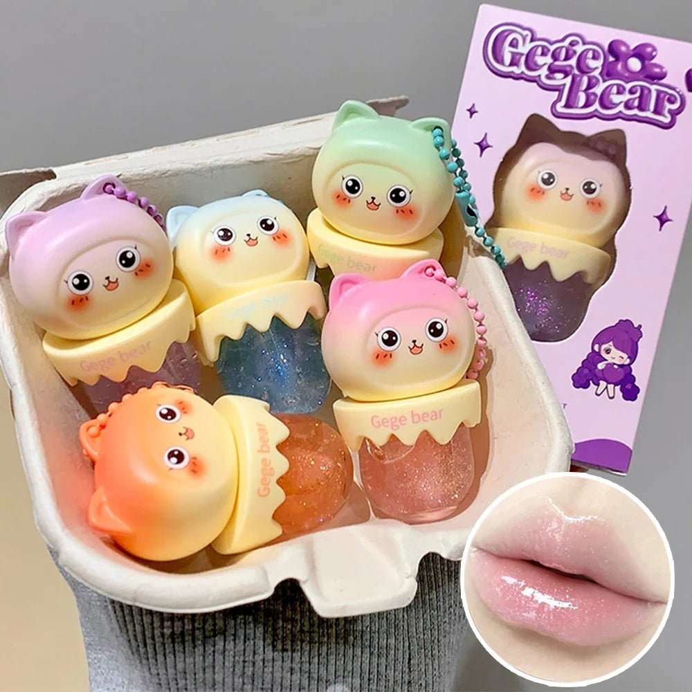 Gege Bear Cute Fruit-Flavored Lip Oil, Can be Key Pendant, Hydrating & Moisturizing Lip Balm for Lipstick Base, Reduces Lip Line