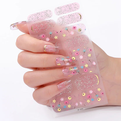 16tips DIY Baking-Free Nail Stickers Spring Summer Flowers Adhesive Nail Strips Patch Slider Full Cover Nail Decoration Decal