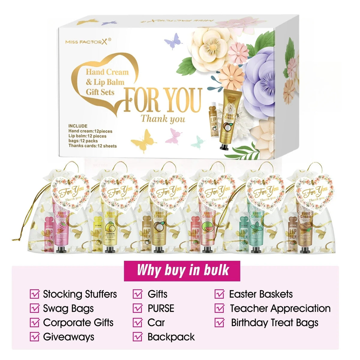 12 Hand gift Hand cream and lip balm set Friends Party Gift with love net bag and thank you card Holiday gift