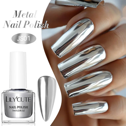 LILYCUTE 7ml Mirror Silver Metallic Nail Polish Super Bright Metal Effect Nail Art Varnish Fast Drying No Need Lamp For Manicure