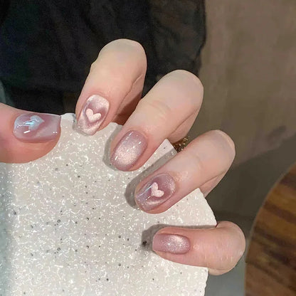 24Pcs Pink Cat Blue Love Cute Short Ballet Press on False Nails Sweet French Cat Eye Bow Star Designs Style Detachable Nails Set