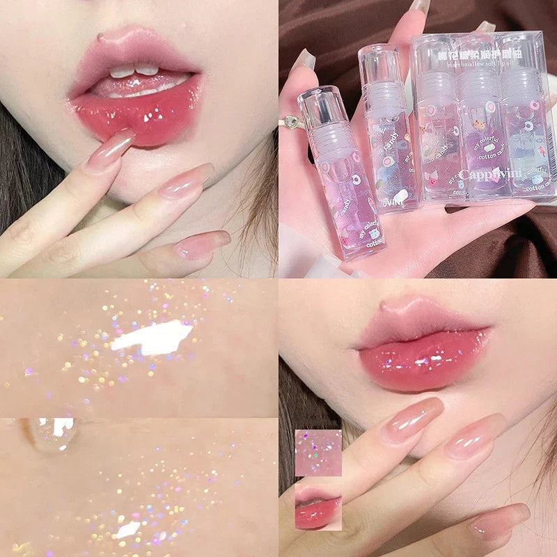 3Pcs/box Transparent Glitter Lip Gloss Set Clear Water Light Lip Glaze Moisturizer Color Changing Lip Oil Jelly Mirror Lipsticks
