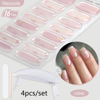 Harunouta 4pcs/set Gradient Jelly Semi Cured Gel Nail Strips with Nail Lamp Nude Pink Waterproof Nail Stickers Long Lasting Wrap