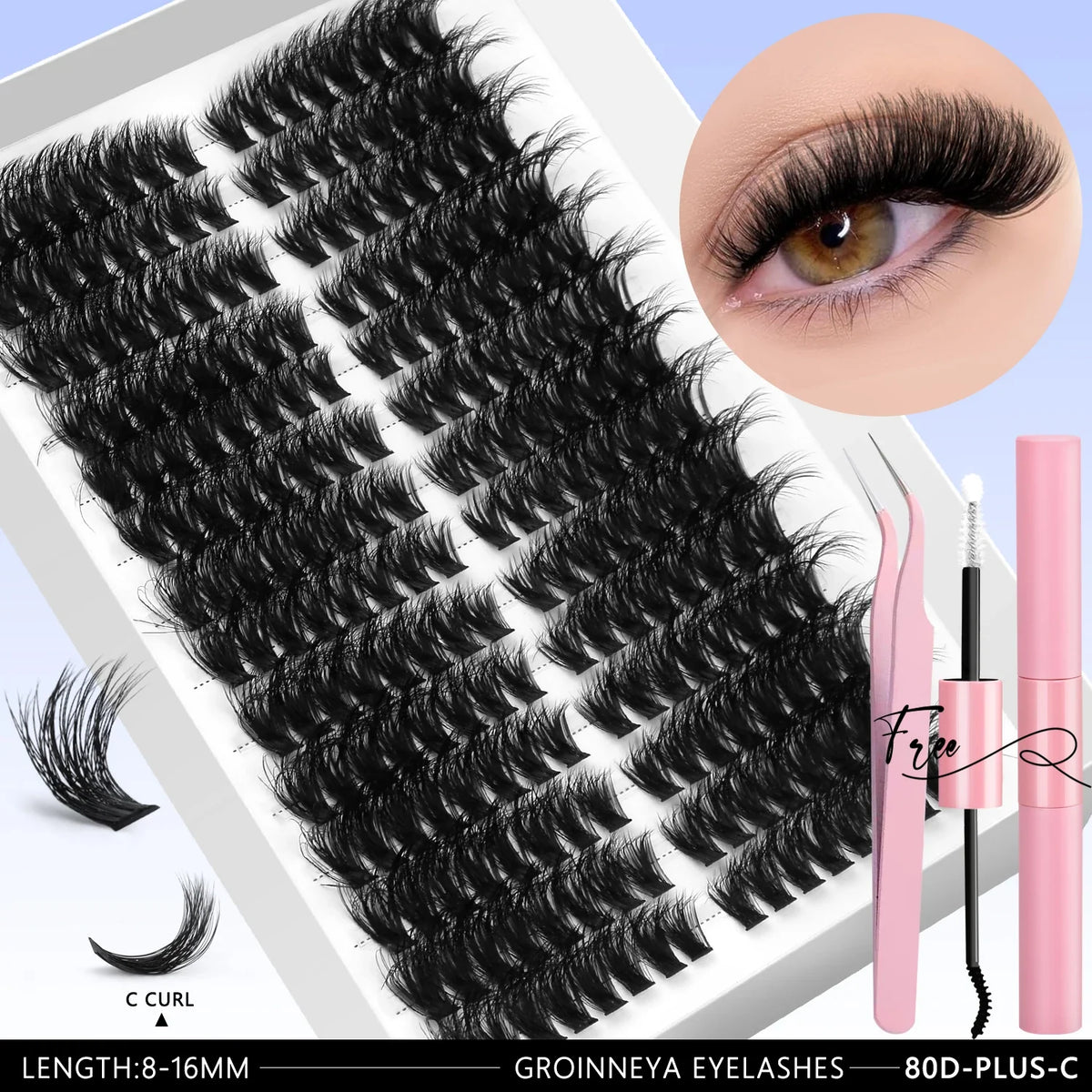 GROINNEYA DIY Eyelash Extension Kit Lashes Clusters Set Mix Eyelashes Full Set With Lash Bond&Seal and Eyelash Tweezers Makeup