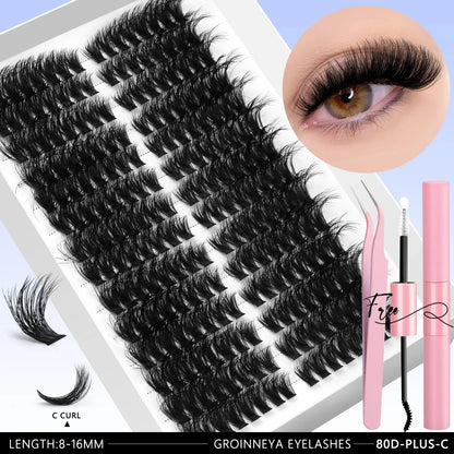 GROINNEYA DIY Eyelash Extension Kit Lashes Clusters Set Mix Eyelashes Full Set With Lash Bond&Seal and Eyelash Tweezers Makeup