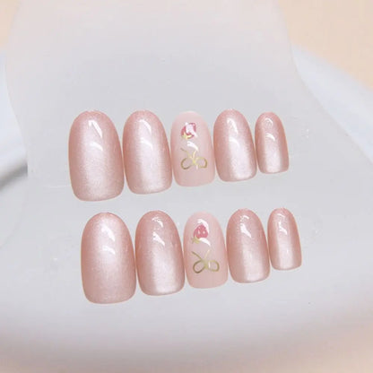 24pcs Oval False Nails French Strawberry Butterfly Cat Eye Press on Nails Fake Nails DIY Manicure Detachable Nail Tips
