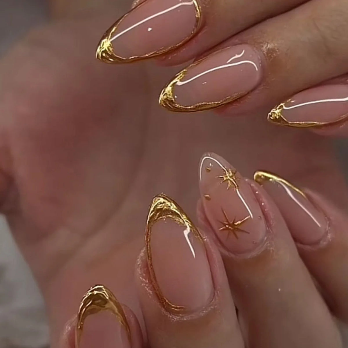 24Pcs Metallic Cat Eye French Sheer Manicure Tip Art Textured 3D Acrylic False Nails Nude Pink Almond Medium Press on Fake Nails