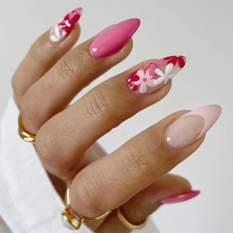 24pcs Red Flower Design Stick on Nail Art French Oval Fake Nail Finished Short Almond False Nails Datachable Press on Nails Tips