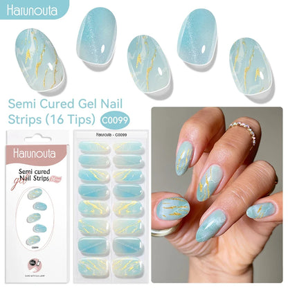 Harunouta 16strips Gradient Red Marble Gold Line Semi Cured Gel Nail Strips DIY Gel Polish Stickers for Nails Work with UV/LED