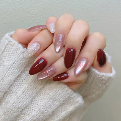 24pcs Glossy Red Cat's Eye Press On Nails Full Cover Nude Color Wearable Almond False Nails Charms Detachable Fake Nail For Girl