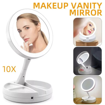 Compact Vanity Travel LED Makeup Mirror with 10X Magnification Double Sided Folding Portable Cosmetic Mirror with Lights