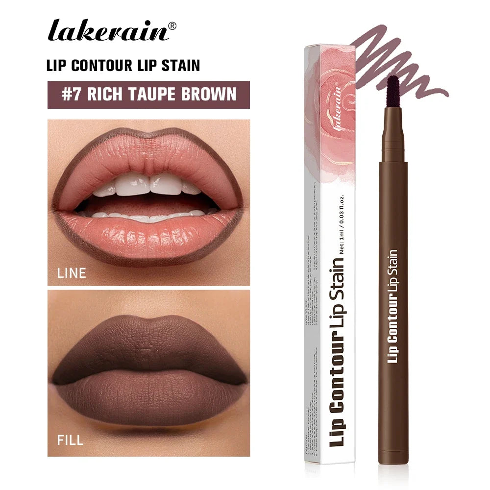 2-in-1 Lip Contour Lip Stain Pen Smudge-proof Non-stick Cup Moisturizing Lip Makeup Cosmetic Dual-Sided Tip Lip Stain & Liner