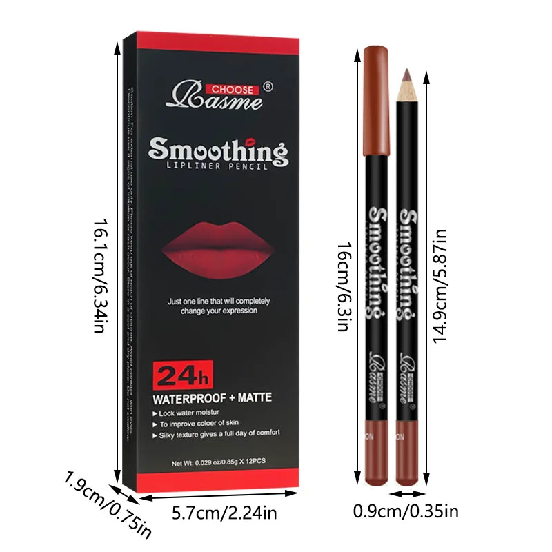 12-Color Lip Liner Set, Long-Lasting, Smudge-Proof, Easy To Apply, Transfer-Resistant, Matte Lip Pencil