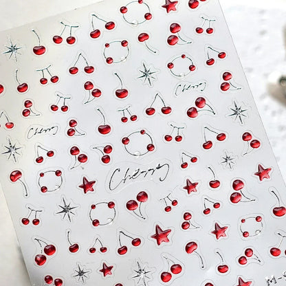 Cute Juicy Red Cherry Bowknot 5D Nail Art Stickers Lovely Shiny Crystal Rhinestone Self Adhesive Decoration Manicure Decal DIY