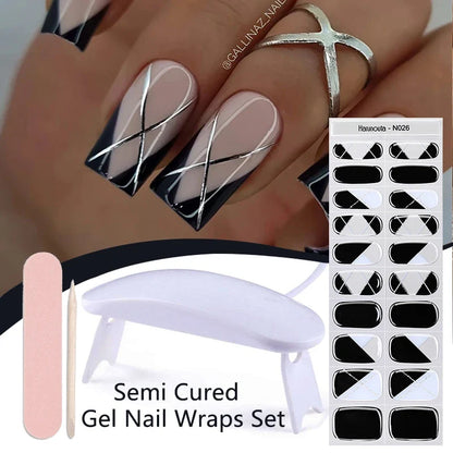 Harunouta 4pcs/set Gradient Jelly Semi Cured Gel Nail Strips with Nail Lamp Nude Pink Waterproof Nail Stickers Long Lasting Wrap