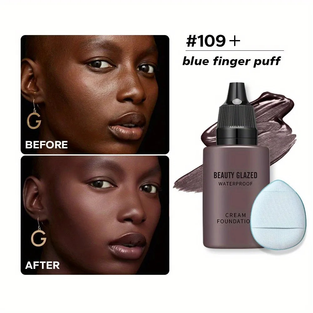 2024 New Foundation +Puff set Liquid Matte Full Coverage Foundation Waterproof Matte Natural Foundation With Blue Thumb Puff