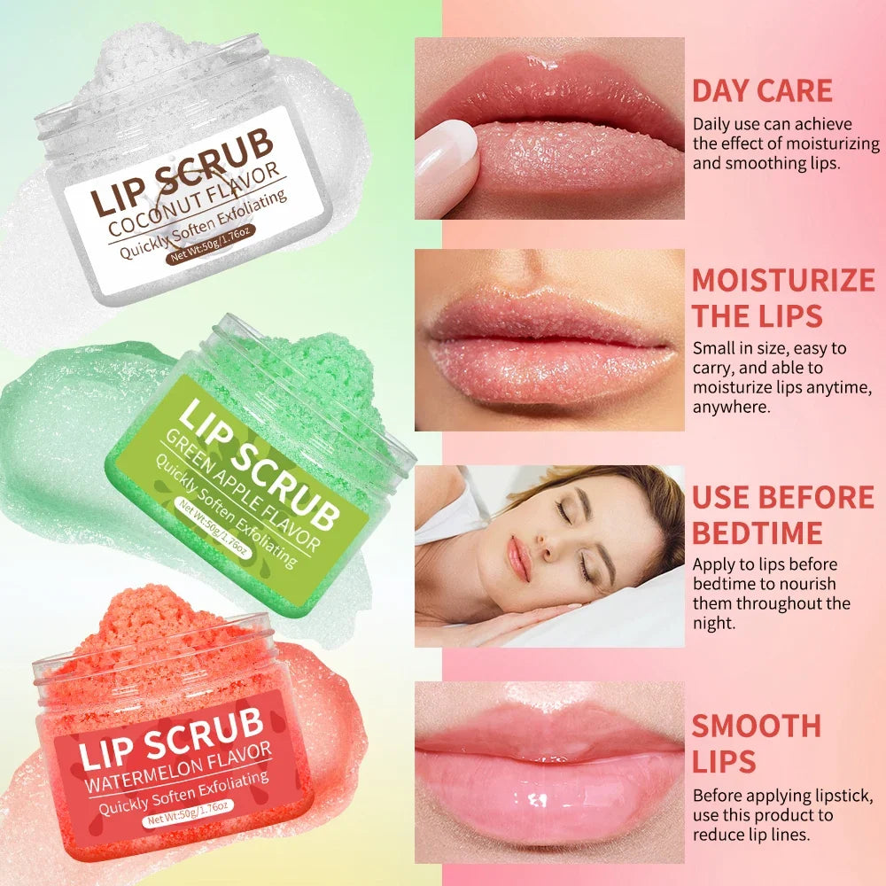 Hllozzi 50g lip scrub jojoba oil vitamin C hydrating moisturizing mild non-irritating watermelon, coconut, apple