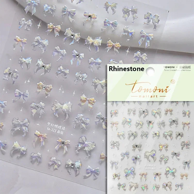 French Leopard Print Bowknot Lace Ribbon Rhinestone Pearl Bow Tie Simple White Black Nail Art Stickers Decoration Manicure Decal