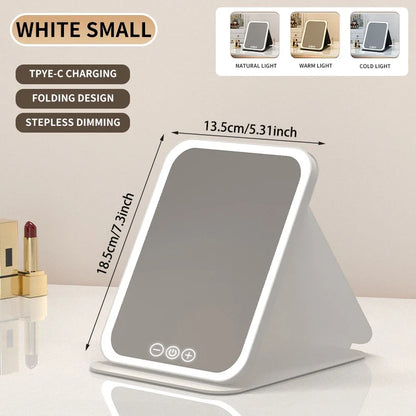 3 Colors Dimmable LED Makeup Mirror with Touch Screen Fold Cosmetic Makeup Mirror Rechargeable Tabletop for Travel & Home Use
