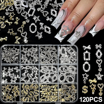 120pcs/box 3D Gold Bow Butterfly Nail Metal Charms Shiny Cute Bowtie/Diamond Star Nail Jewelry 120 Luxury Nail Art Supplies #RE4