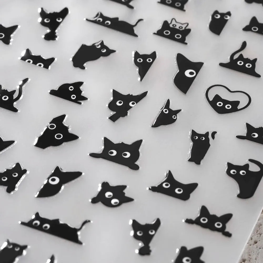 3D Self-Adhesive Nail Art Decals Sliders Decorations Manicure Accessories Black Cat Nail Stickers 3D Cute Cartoon Animal