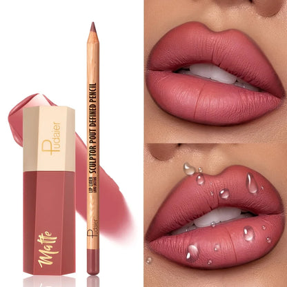 1set Matte lip gloss and lip liner pen set, long-lasting, waterproof, not easy to smudge, velvet texture