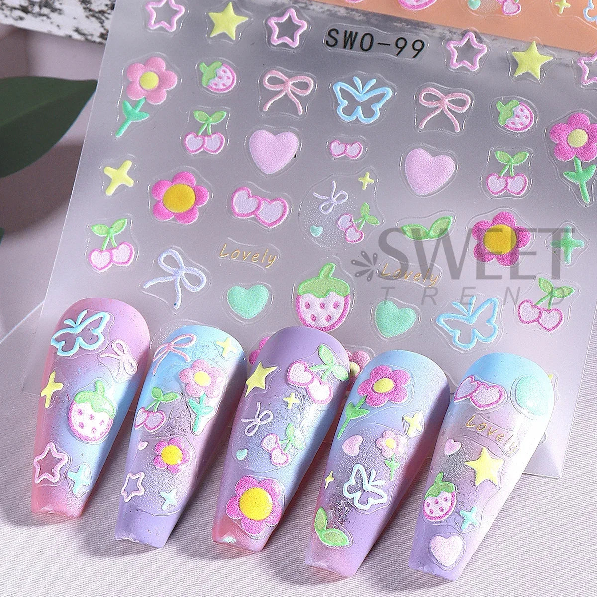 2pcs Sweet Element Nail Art Stickers Simple Flower Heart Cherry Strawberry Kawaii Decals Colorful Bow Butterfly Manicure Sliders