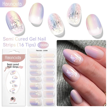 Harunouta 16strips Gradient Red Marble Gold Line Semi Cured Gel Nail Strips DIY Gel Polish Stickers for Nails Work with UV/LED