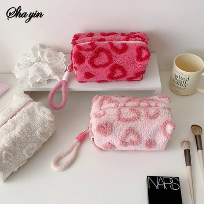 Plush Makeup Bags with Handle Soft Travel Cosmetic Storage Bag Portable Love Print Organizer Pencil Case Cute Clutch Pouch