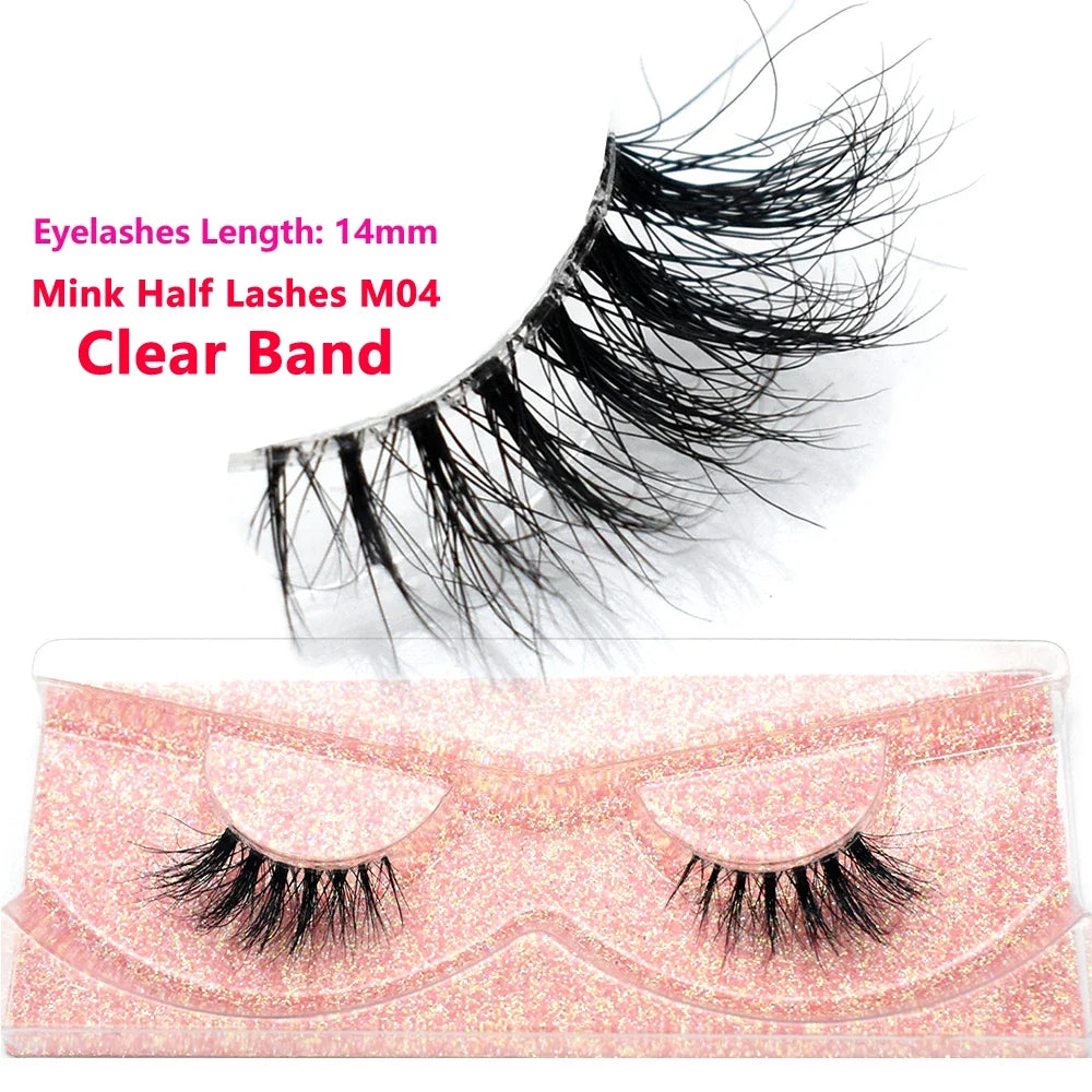 3D Mink Fluffy Half False Eyelashes Natural Soft Lightweight Clear Band Half Eye Strip Lashes Reusable Short Eyelashes Extension