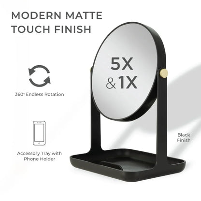 5X 1X Magnification Makeup Mirror with Accessory Tray Phone Holder 360 Degree Rotation Dual-Sided Vanity Mirror Ideal Makeup