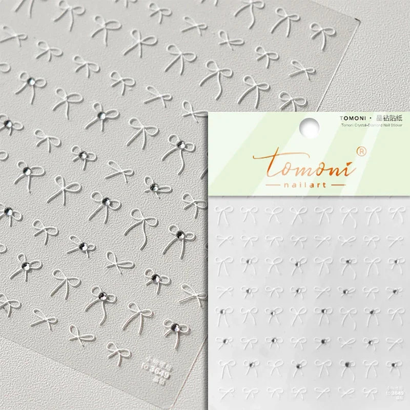 French Leopard Print Bowknot Lace Ribbon Rhinestone Pearl Bow Tie Simple White Black Nail Art Stickers Decoration Manicure Decal